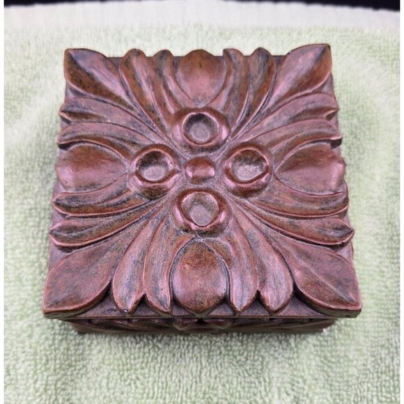 Jewelry Trinket Box With Floral Design Brown Finish 4 x 4 - Picture 1 of 8